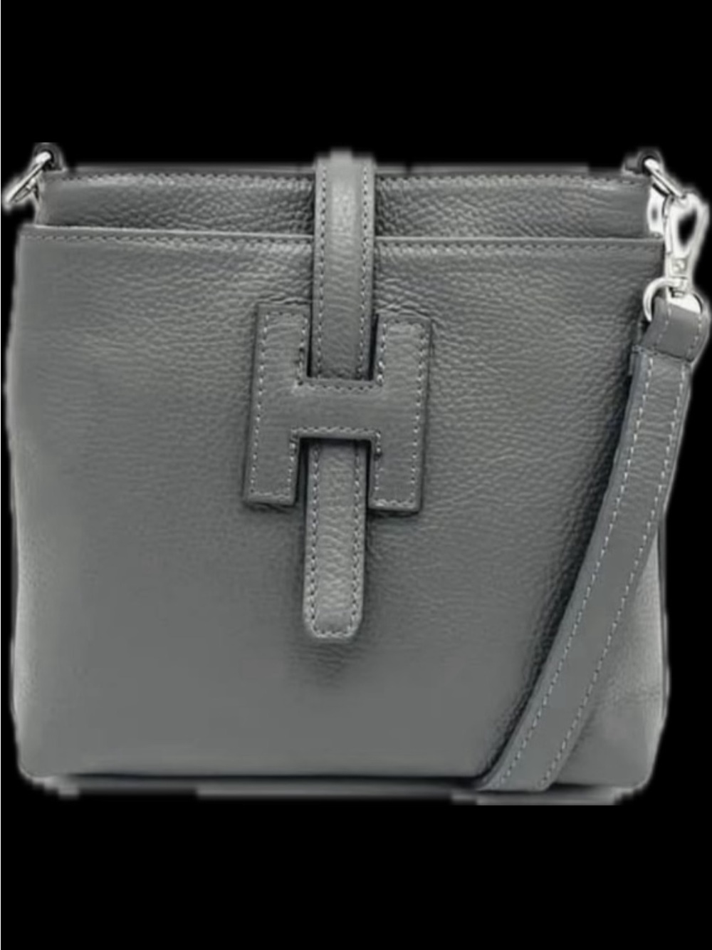 Minimalist Gray Leather Crossbody Bag with H-Detail